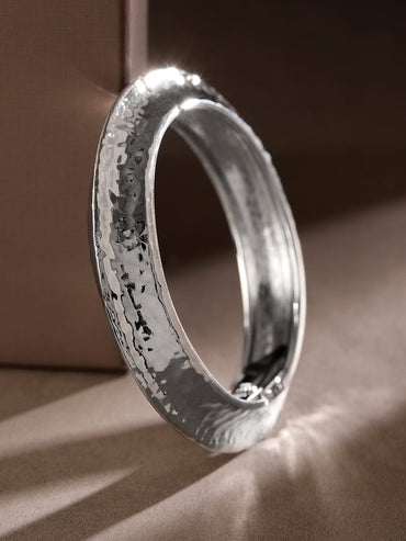 Rubans Rhodium-Plated Hammered Bangle â€“ Luxe Statement Bracelet for Modern Elegance Wristwear