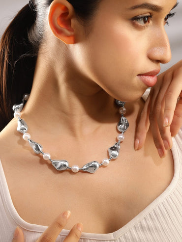 Rubans Rhodium Plated Handcrafted Sculptural Necklace with White Pearls & Silver Accents Necklace and Chains