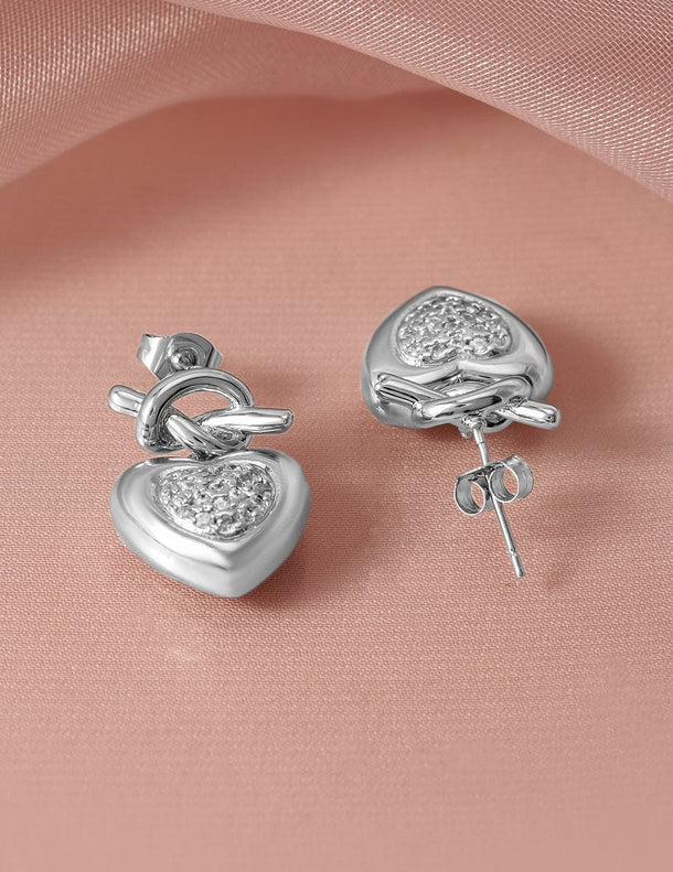 Rubans Rhodium Plated Heart Knot Design Cubic Zirconia Studded Drop Earrings Earrings