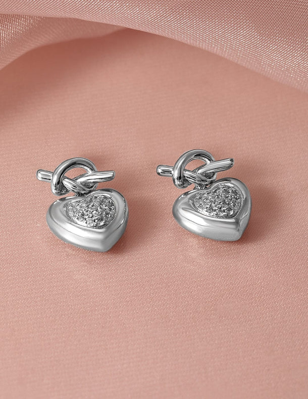 Rubans Rhodium Plated Heart Knot Design Cubic Zirconia Studded Drop Earrings Earrings