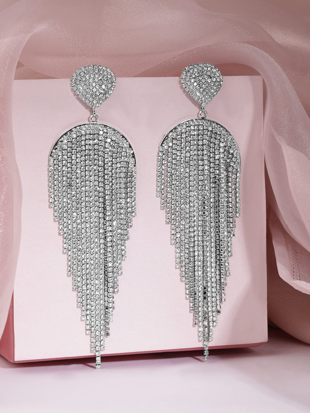 Rubans Rhodium Plated Heart Shape & Zirconia Studded Multilayered Shoulder Duster Earrings Earrings