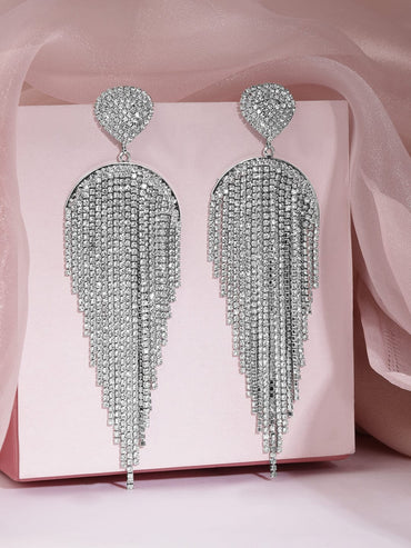 Rubans Rhodium Plated Heart Shape & Zirconia Studded Multilayered Shoulder Duster Earrings Earrings