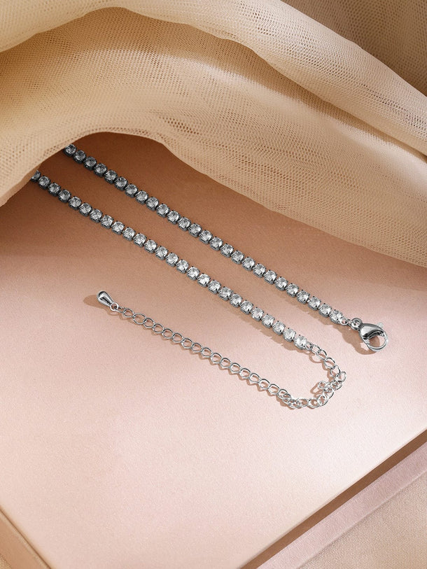 Rubans Rhodium-Plated Heart-Shaped Cubic Zirconia Studded Tennis Statement Necklace Necklace & Chains