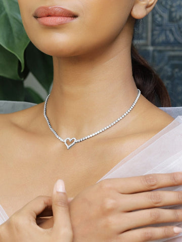 Rubans Rhodium-Plated Heart-Shaped Cubic Zirconia Studded Tennis Statement Necklace Necklace & Chains