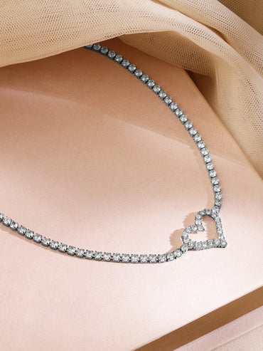 Rubans Rhodium-Plated Heart-Shaped Cubic Zirconia Studded Tennis Statement Necklace Necklace & Chains