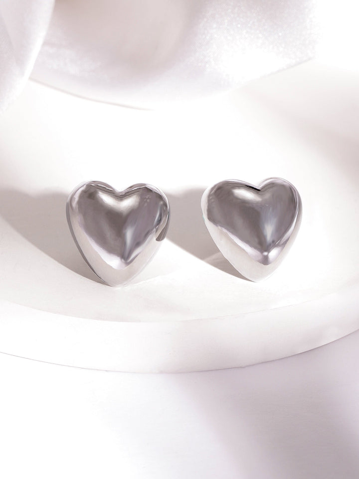 Rubans Rhodium Plated Heart Shaped Stud Earrings with Sleek Silver Tone Finish Stud Earrings