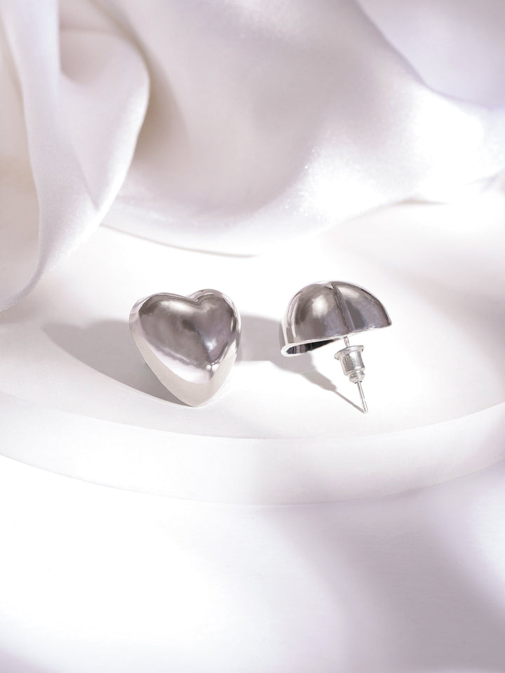 Rubans Rhodium Plated Heart Shaped Stud Earrings with Sleek Silver Tone Finish Stud Earrings