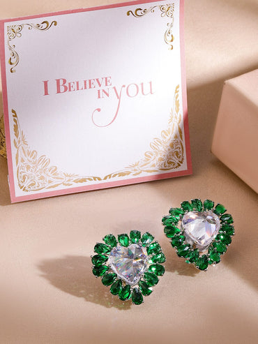 Rubans Rhodium-Plated Heart Stud Earrings with Emerald Accents Earrings