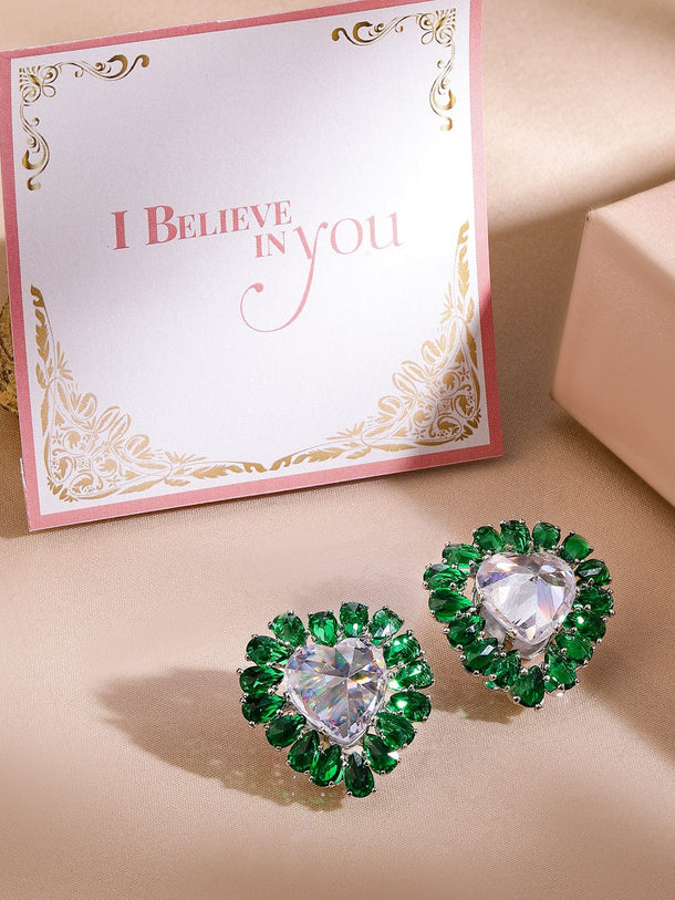 Rubans Rhodium-Plated Heart Stud Earrings with Emerald Accents Earrings