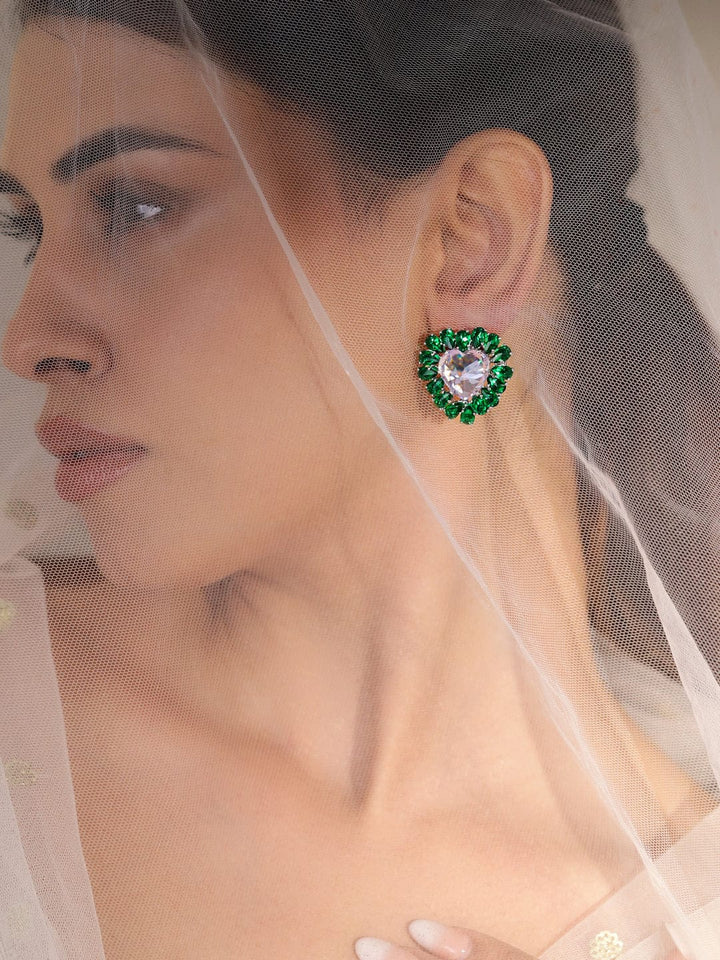 Rubans Rhodium-Plated Heart Stud Earrings with Emerald Accents Earrings