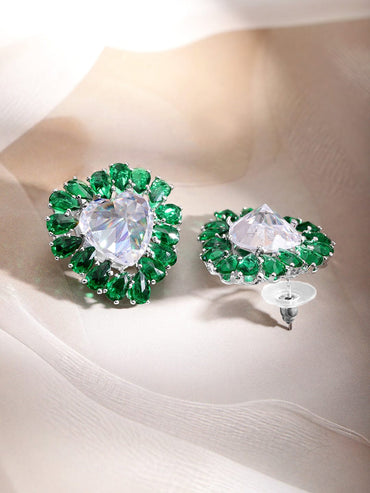 Rubans Rhodium-Plated Heart Stud Earrings with Emerald Accents Earrings