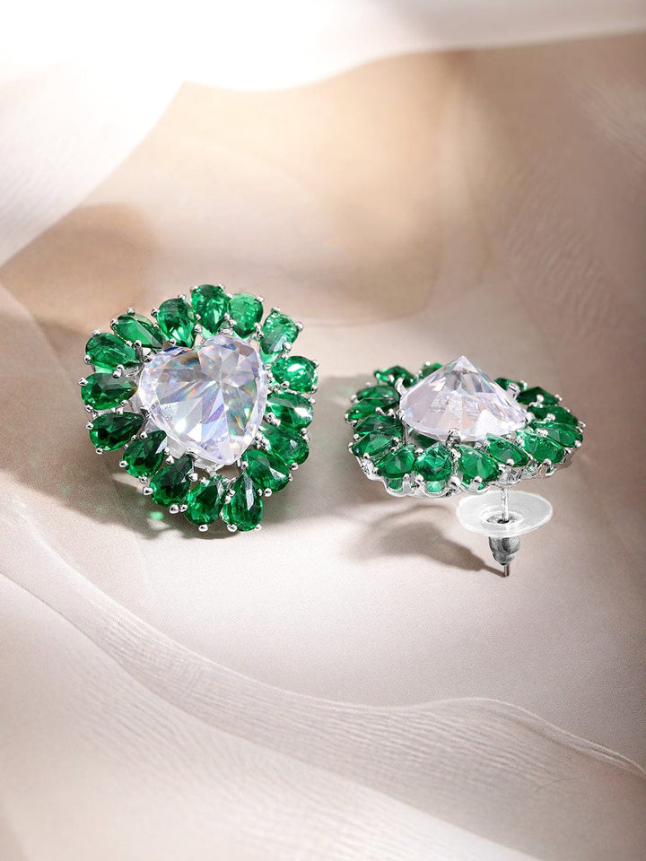 Rubans Rhodium-Plated Heart Stud Earrings with Emerald Accents Earrings