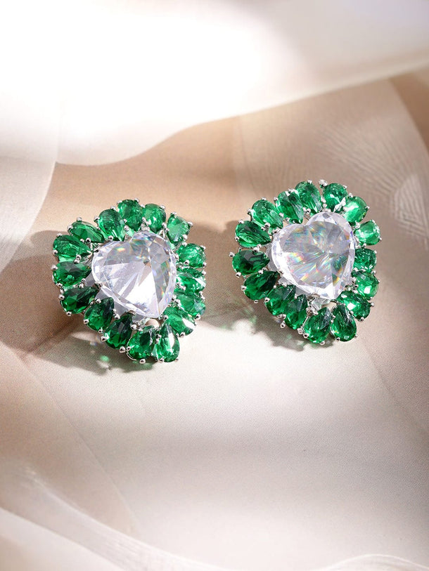 Rubans Rhodium-Plated Heart Stud Earrings with Emerald Accents Earrings