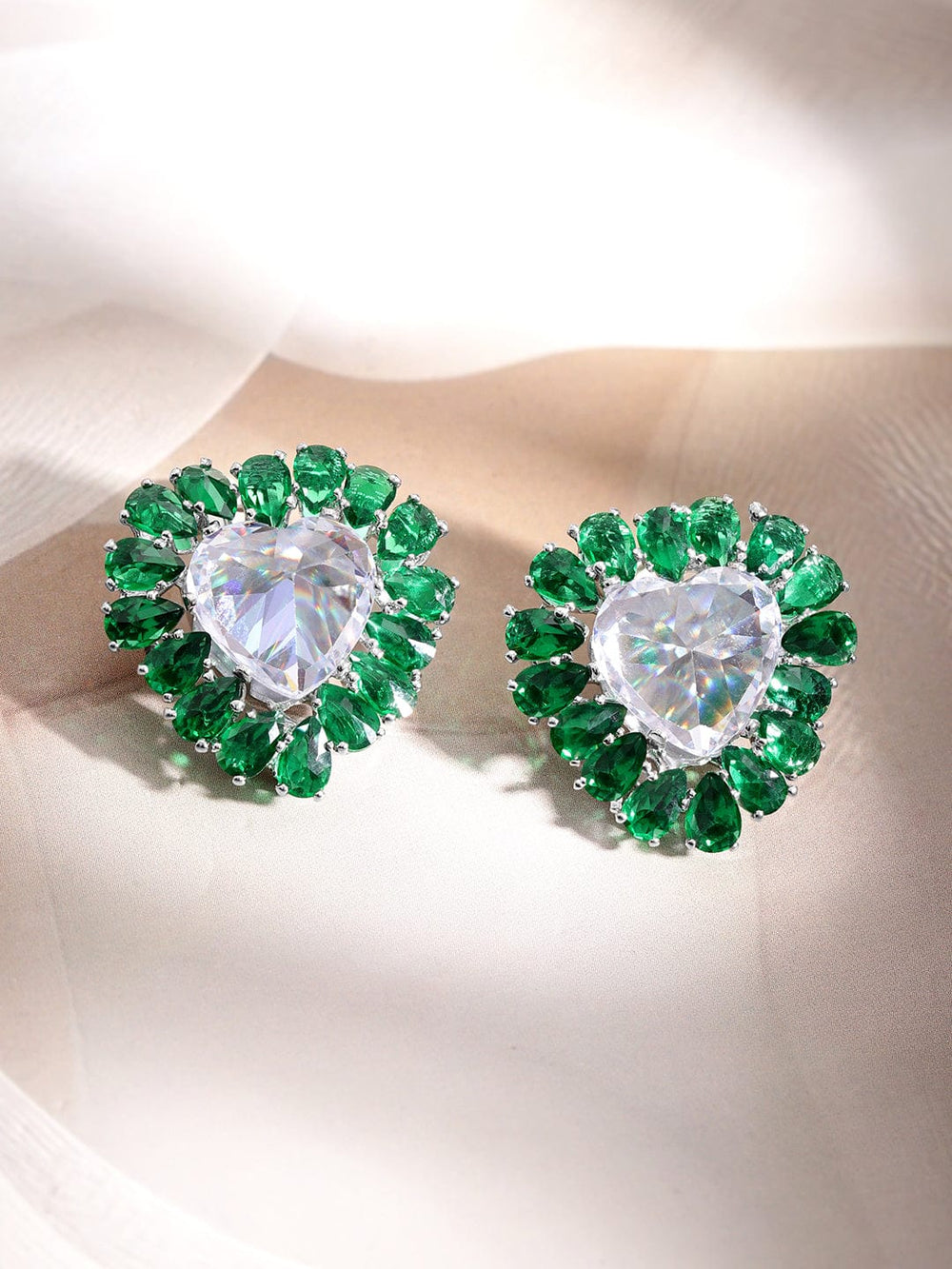 Rubans Rhodium-Plated Heart Stud Earrings with Emerald Accents Earrings