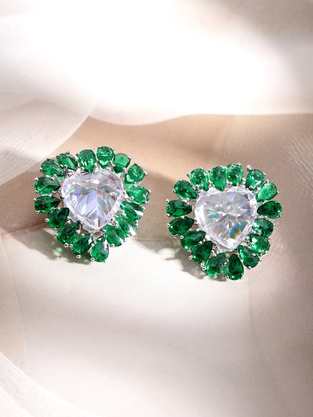 Rubans Rhodium-Plated Heart Stud Earrings with Emerald Accents Earrings