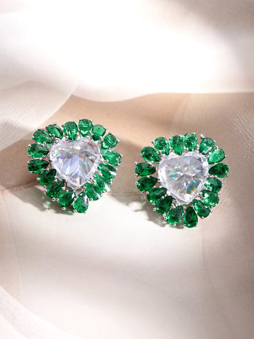 Rubans Rhodium-Plated Heart Stud Earrings with Emerald Accents Earrings