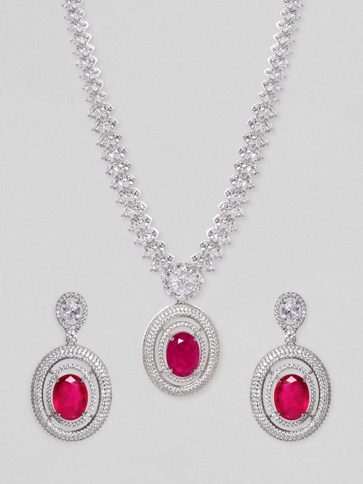 Rubans Rhodium Plated High Finish Ruby Red Oval Zirconia Studded Statement Necklace Set Necklace Set