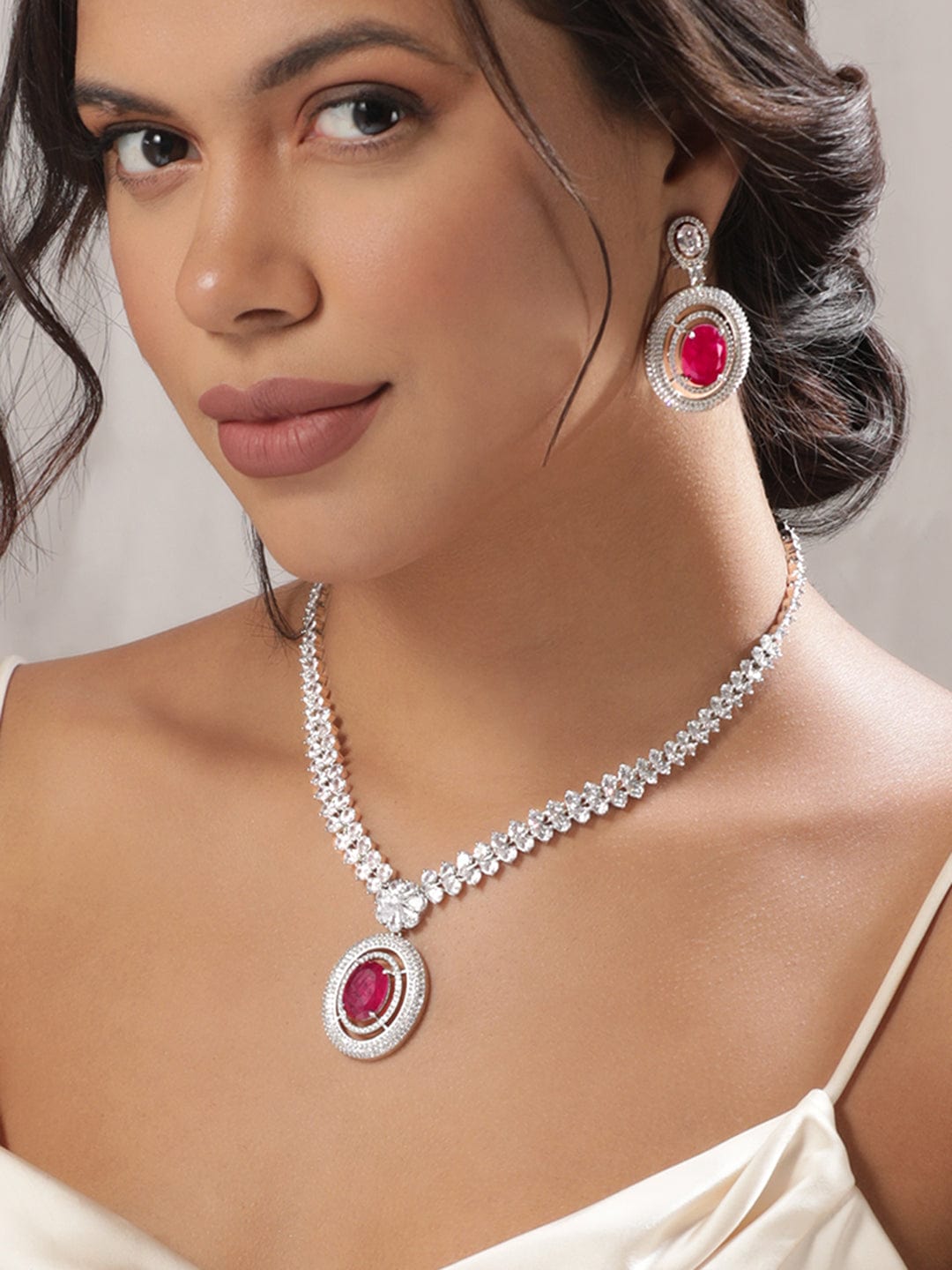 Rubans Rhodium Plated High Finish Ruby Red Oval Zirconia Studded Statement Necklace Set Necklaces, Necklace Sets, Chains & Mangalsutra