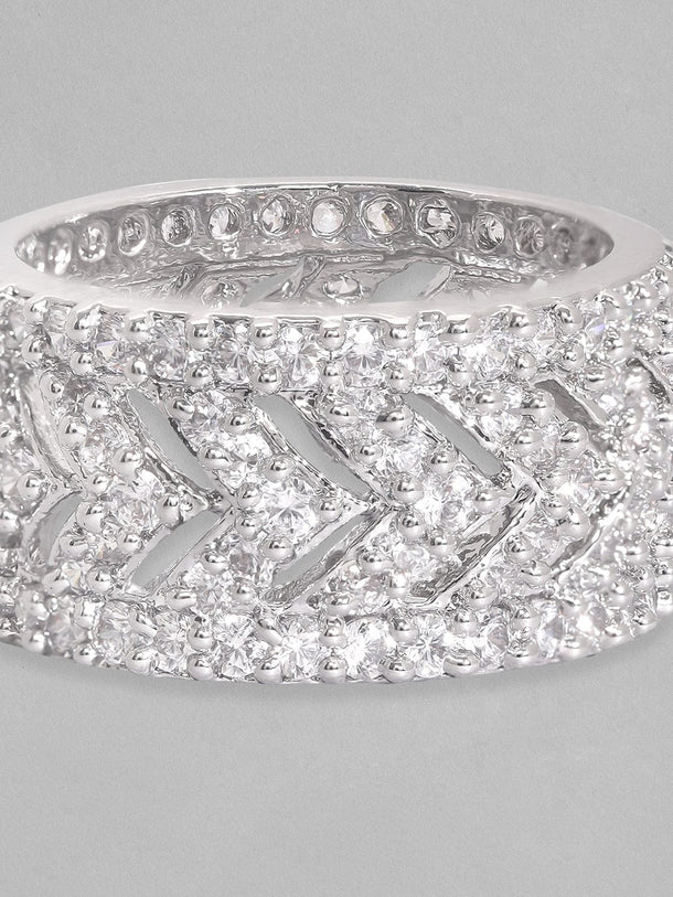 Rubans Rhodium Plated High Quality Cubic Zirconia Studded Finger Ring Rings
