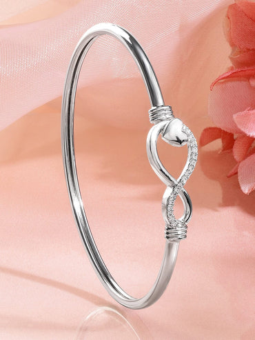 Rubans Rhodium-Plated Infinity & Heart Motif Crystal Zirconia Studded Sleek Bracelet Wristwear