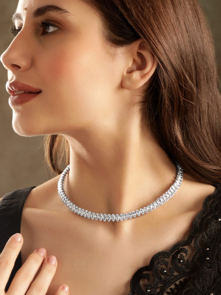 Rubans Rhodium Plated Korean Crystal studded Adjustable Choker necklace Necklace