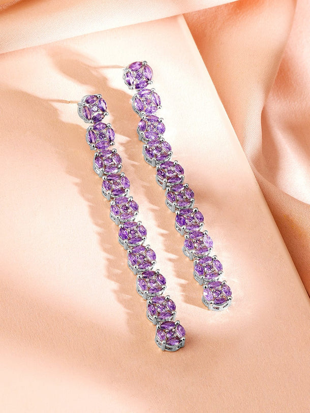 Rubans Rhodium-Plated Lavender Cubic Zirconia Studded Drop Earrings Earrings