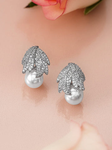 Rubans Rhodium-Plated Leaf Design Cubic Zirconia & Pearl Stud Earrings Earrings