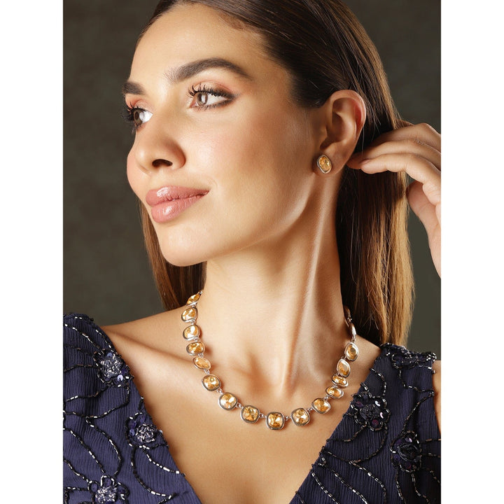 Rubans Rhodium Plated Light Gold Cubic Zirconia Gemstone Statement Necklace Jewellery Set