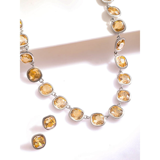 Rubans Rhodium Plated Light Gold Cubic Zirconia Gemstone Statement Necklace Jewellery Set