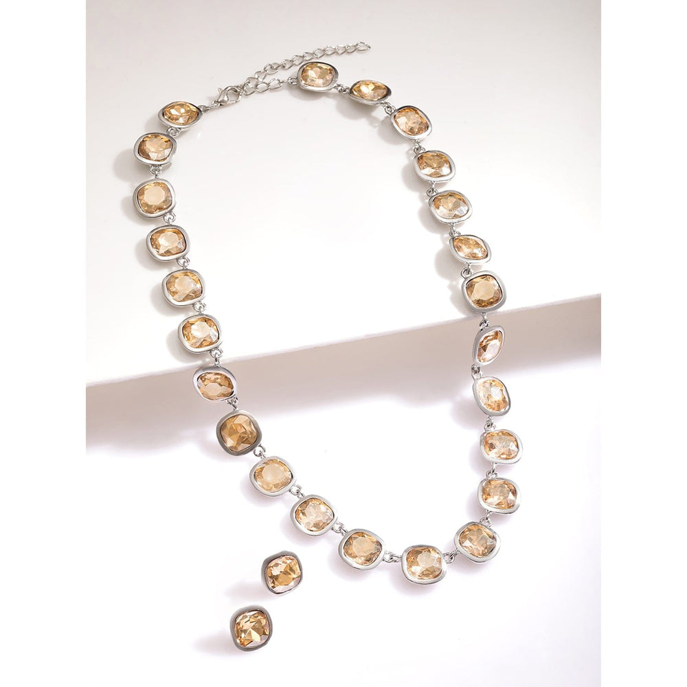 Rubans Rhodium Plated Light Gold Cubic Zirconia Gemstone Statement Necklace Jewellery Set