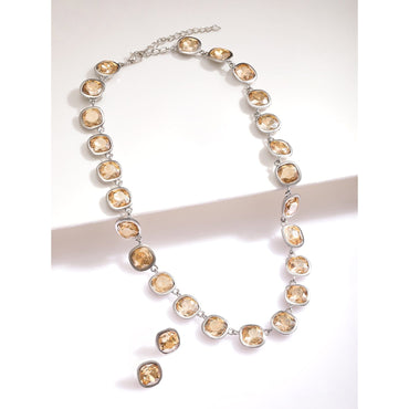 Rubans Rhodium Plated Light Gold Cubic Zirconia Gemstone Statement Necklace Jewellery Set