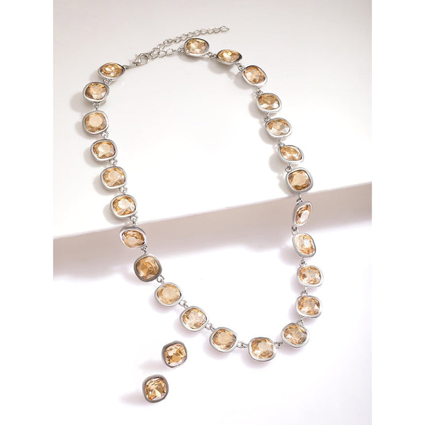 Rubans Rhodium Plated Light Gold Cubic Zirconia Gemstone Statement Necklace Jewellery Set