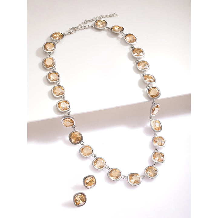 Rubans Rhodium Plated Light Gold Cubic Zirconia Gemstone Statement Necklace Jewellery Set