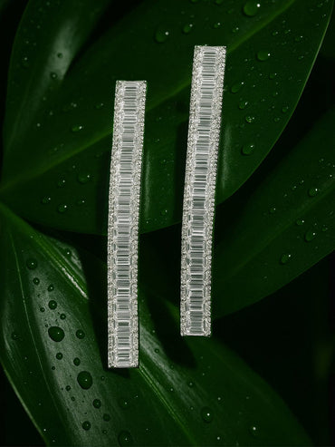 Rubans Rhodium Plated Long Cubic Zirconia Studded Statement Drop Earrings Drop Earrings