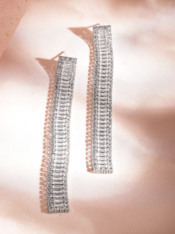Rubans Rhodium Plated Long Cubic Zirconia Studded Statement Drop Earrings Earrings