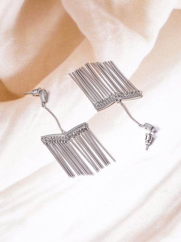 Rubans Rhodium Plated Long Fringe Drop Earrings with Crystal AD Studs and Tassel Accents Drop Earrings