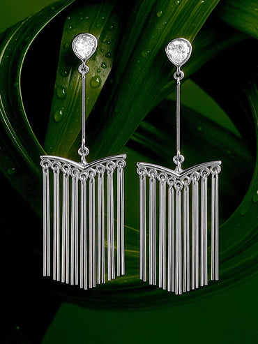 Rubans Rhodium Plated Long Fringe Drop Earrings with Crystal AD Studs and Tassel Accents Drop Earrings