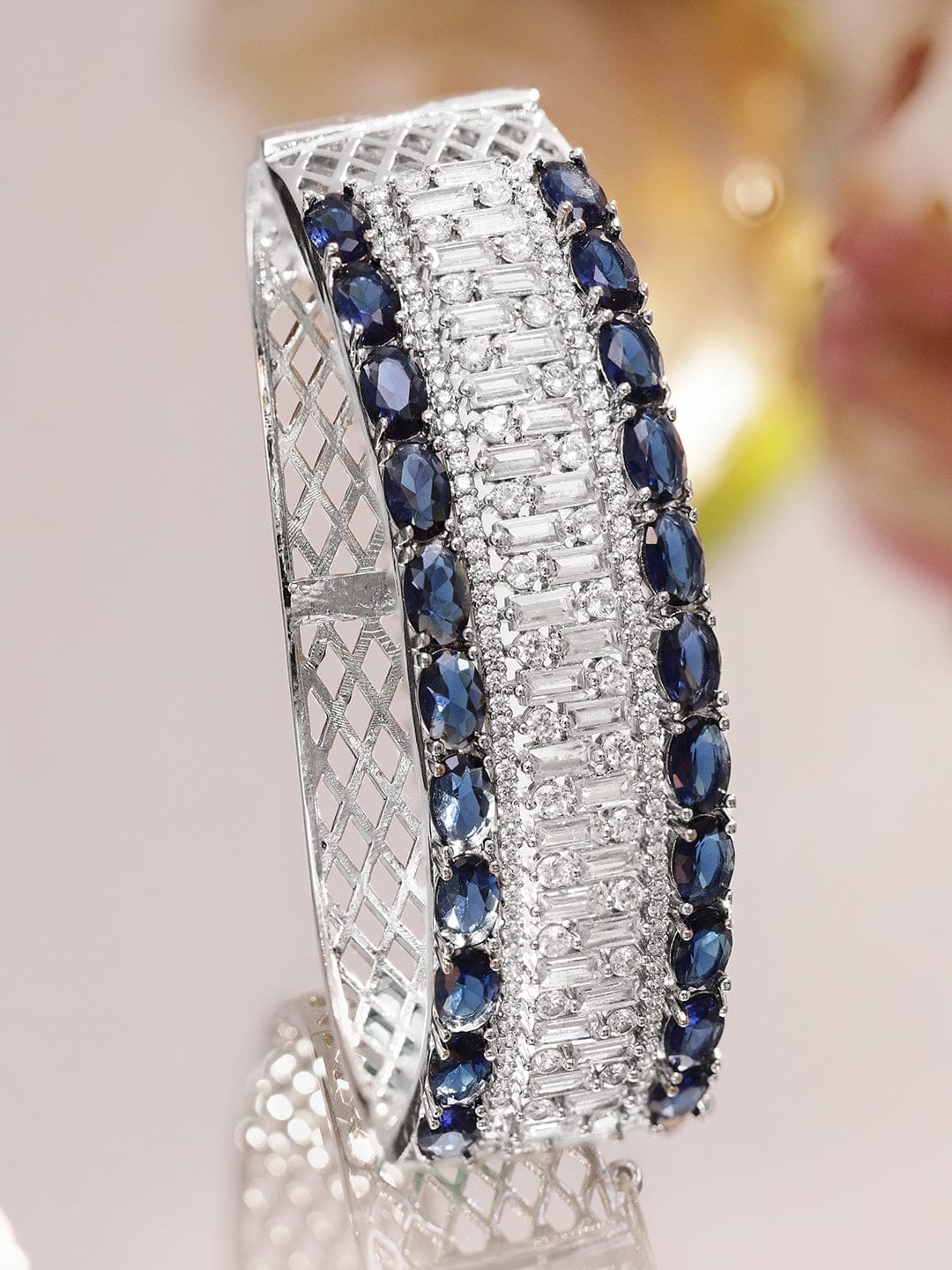 Rubans Rhodium-Plated Luxe Statement Bracelet with Blue Sapphire Stones & Cubic Zirconia Detailing Bangles & Bracelet