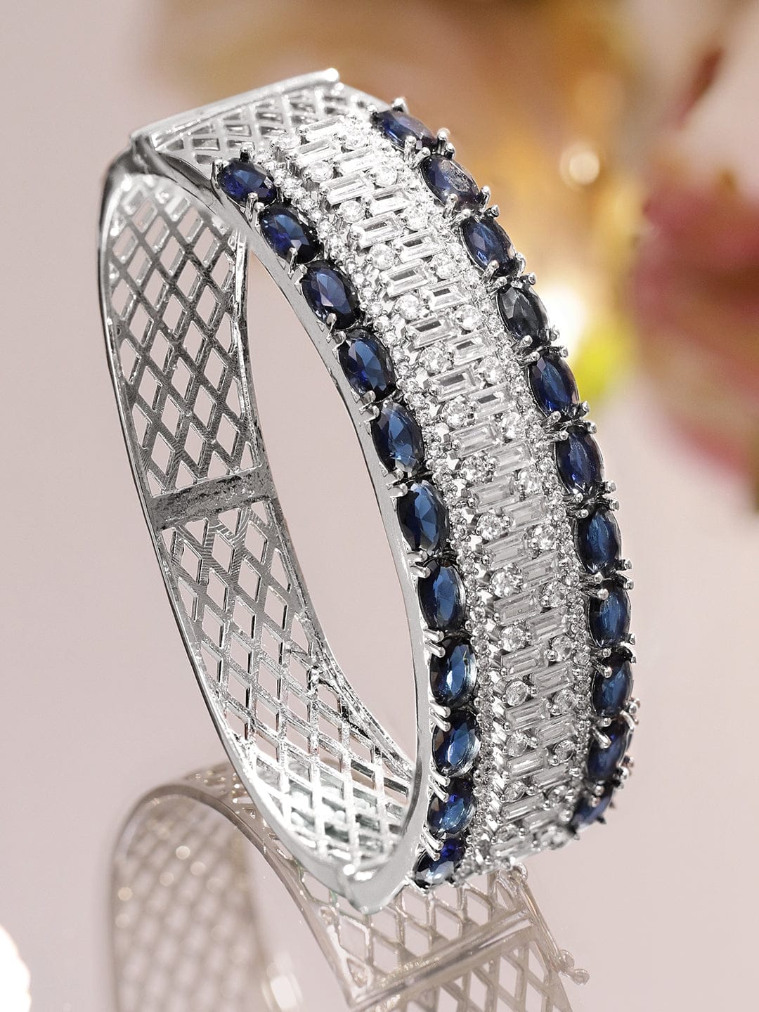 Rubans Rhodium-Plated Luxe Statement Bracelet with Blue Sapphire Stones & Cubic Zirconia Detailing Wristwear