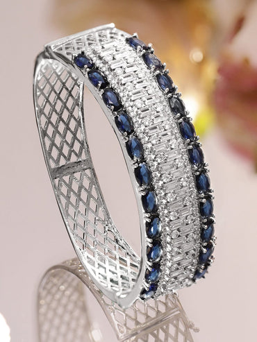 Rubans Rhodium-Plated Luxe Statement Bracelet with Blue Sapphire Stones & Cubic Zirconia Detailing Wristwear