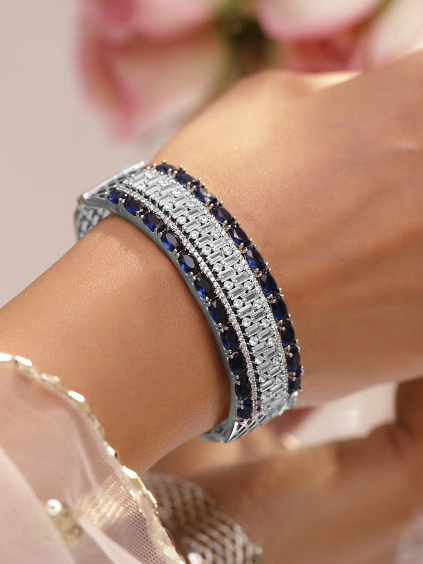 Rubans Rhodium-Plated Luxe Statement Bracelet with Blue Sapphire Stones & Cubic Zirconia Detailing Wristwear