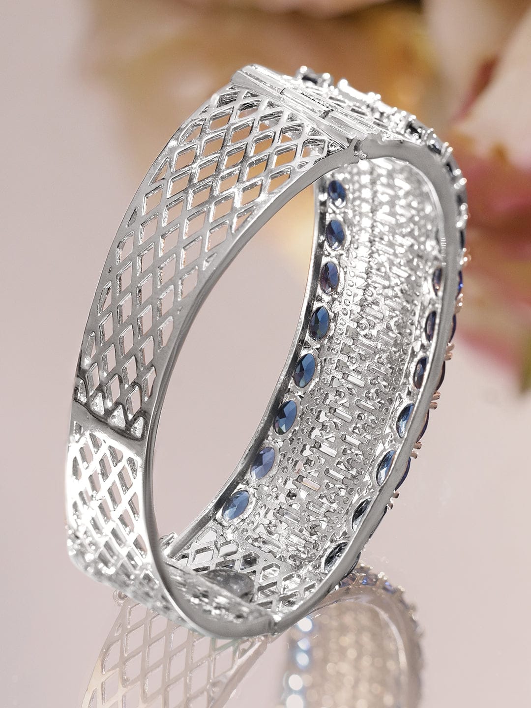 Rubans Rhodium-Plated Luxe Statement Bracelet with Blue Sapphire Stones & Cubic Zirconia Detailing Wristwear