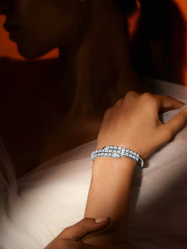 Rubans Rhodium-Plated Luxurious Pave-Set Cubic Zirconia Openable Bracelet Wristwear