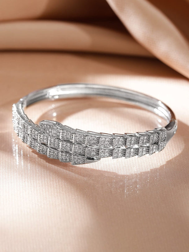 Rubans Rhodium-Plated Luxurious Pave-Set Cubic Zirconia Openable Bracelet Wristwear