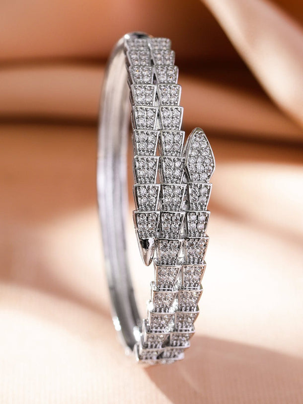 Rubans Rhodium-Plated Luxurious Pave-Set Cubic Zirconia Openable Bracelet Wristwear