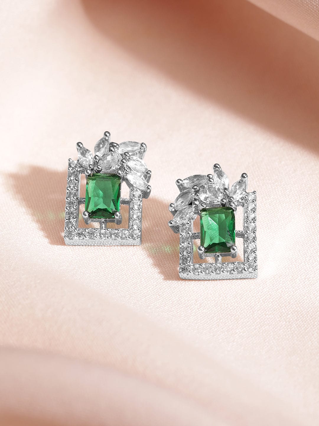 Rubans Rhodium Plated Luxury Premium Green Emerald and AAA Cubic Zirconia Stud Earrings Stud Earrings