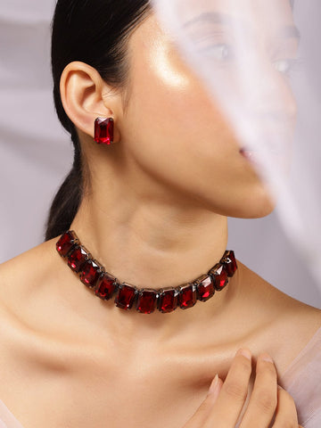 Rubans Rhodium-Plated Maroon Crystal Cubic Zirconia Studded Statement Choker Jewelry Set Jewellery Set