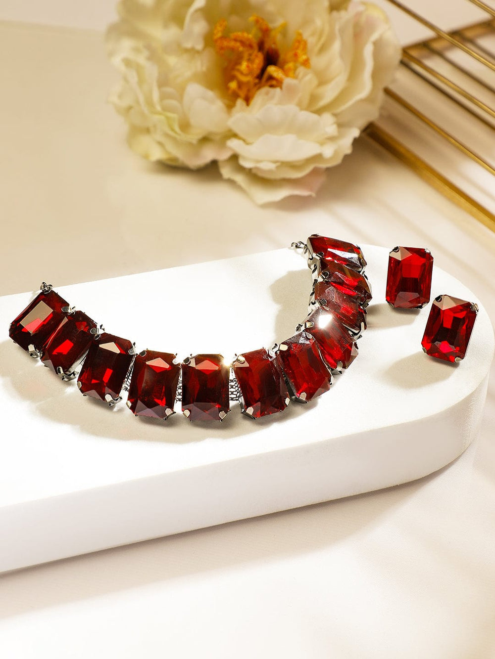 Rubans Rhodium-Plated Maroon Crystal Cubic Zirconia Studded Statement Choker Jewelry Set Jewellery Set