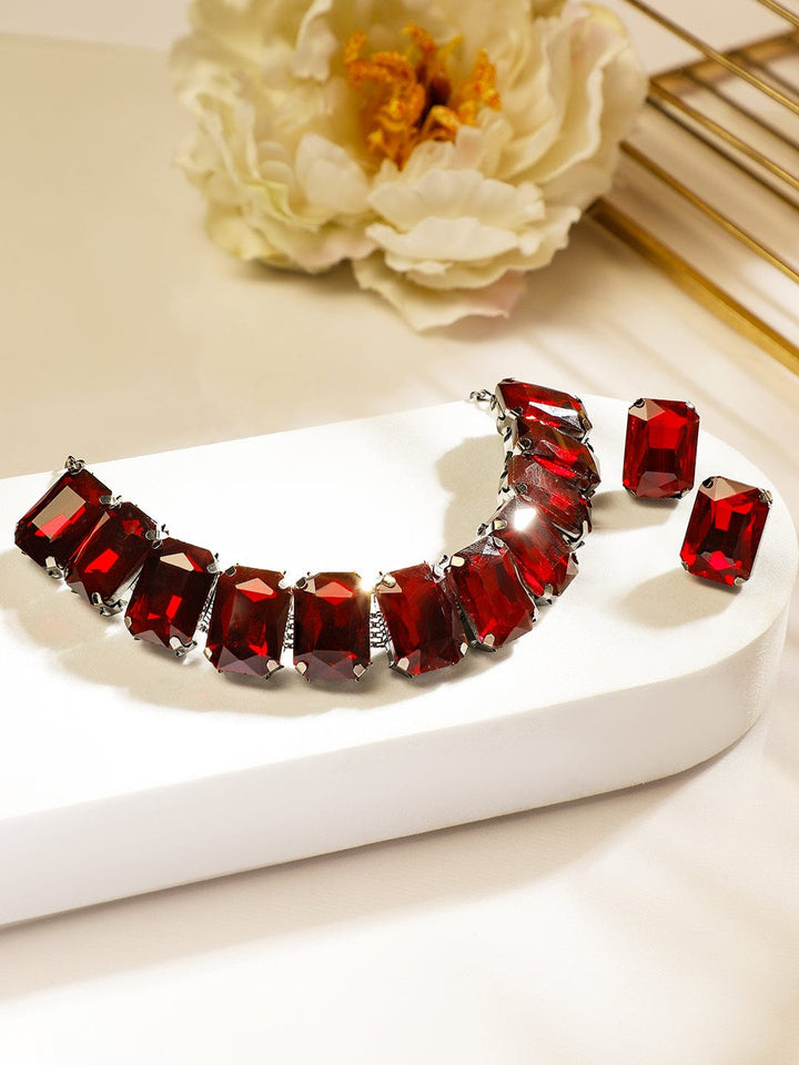Rubans Rhodium-Plated Maroon Crystal Cubic Zirconia Studded Statement Choker Jewelry Set Jewellery Set