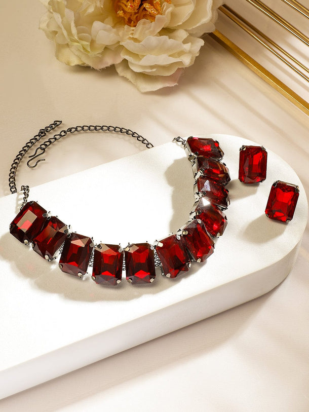 Rubans Rhodium-Plated Maroon Crystal Cubic Zirconia Studded Statement Choker Jewelry Set Jewellery Set